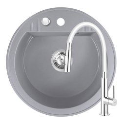 Set Chiuveta Ferro Mezzo II Rotunda cu o cuva Ø 51 cm, gri si Baterie Ferro Zumba Slim 2F - baterie stativa bucatarie cu pipa flexibila, alb