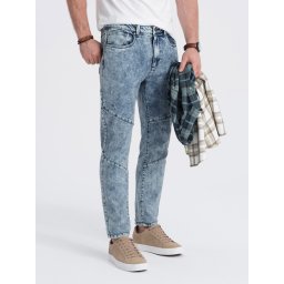 Ombre Men's slim fit denim pants with stitching at the knees - blue