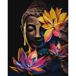 Set pictura pe numere, cu sasiu, Buddha cu lotusi - extra culori metalizate, 40x50 cm