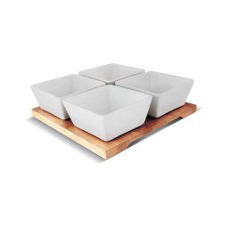Set 4x bol de porțelan 19x19 cm + tavă de lemn Lamart
