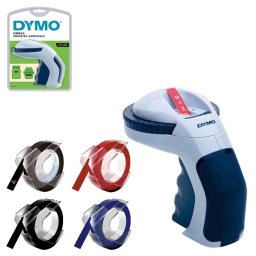 Set aparat de etichetat manual DYMO Omega cu 3 benzi embosabile rosie, albastra si neagra pentru etichete 3D si organizare acasa, la birou si in atelier DY13574PP