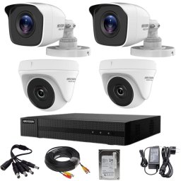 Sistem de supraveghere mixt 4 camere Hikvision seria HiWatch 2MP IR 20m DVR 4 canale 2MP cu accesorii HDD 500GB