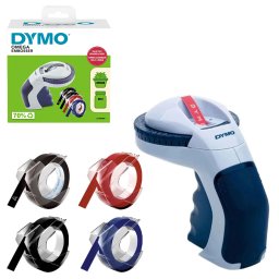 Set aparat de etichetat manual DYMO Omega cu 3 benzi embosabile rosie, albastra si neagra pentru etichete 3D si organizare acasa, la birou si in atelier DY2174605PP