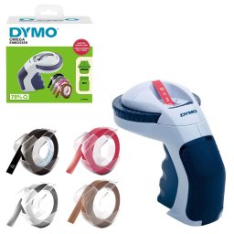 Set aparat de etichetat manual DYMO Omega cu 3 benzi embosabile asortate suplimentare roz, argintiu si furnir pentru etichete 3D si organizare acasa, la birou si in atelier DY2174605CC