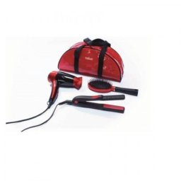Set voiaj uscator de par , 1200 W + Placa de indreptat parul, fete ceramice + perie par si borseta -Set cadou, Rosu /Negru