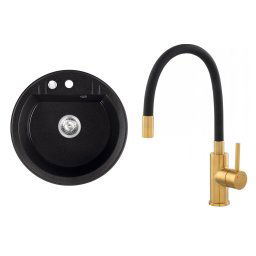 Chiuveta bucatarie simpla Ø 51 cm, grafit Mezzo II,Baterie chiuveta, gura flexibila Zumba-Negru-Gold