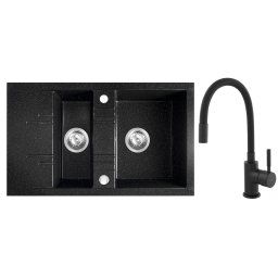 Set Chiuveta granit bucatarie dubla 79x48 cm, grafit lucios Mezzo ll si Baterie chiuveta, gura flexibila NERO