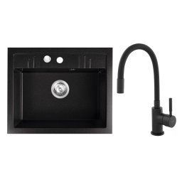 Set Chiuveta bucatarie simpla 58x48 cm, grafit si Baterie chiuveta, gura flexibila NERO