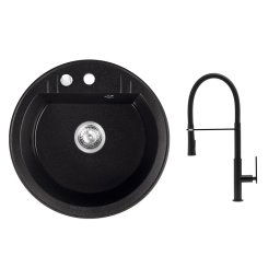 Set Chiuveta bucatarie simpla Ø 51 cm, grafit Mezzo II si Baterie bucatarie cu pipa flexibila cu doua functii negru Italla