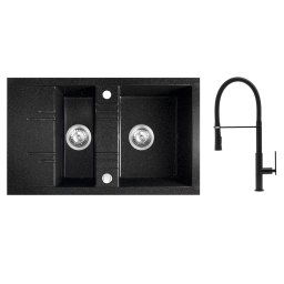 Set Chiuveta granit bucatarie dubla 79x48 cm, grafit lucios Mezzo ll si Baterie bucatarie cu pipa flexibila negru Italla