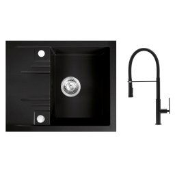 Set Chiuveta granit bucatarie simpla 58x48 cm, grafit Mezzo II si Baterie bucatarie cu pipa flexibila negru Italla