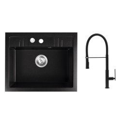 Set Chiuveta bucatarie simpla 58x48 cm, grafit si Baterie bucatarie cu pipa flexibila negru Italla