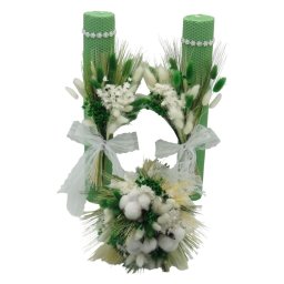 Set 2 lumanari cununie ceara naturala + buchet mireasa, flori uscate verde&alb - ILIF311028