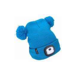 Extol - Căciulă pentru copii, albastră cu pompoane, cu lanternă frontală și încărcare USB (baterie 250 mAh)