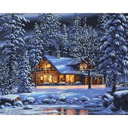 Set goblen cu diamante, cu sasiu, Cabana de iarna, 40x50 cm