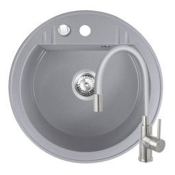 Set Chiuveta Ferro Mezzo II Rotunda cu o cuva Ø 51 cm, gri si Baterie Ferro Zumba Inox - baterie stativa bucatarie cu pipa flexibila, gri-argintiu