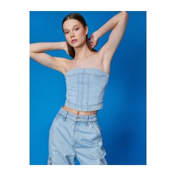 Top din denim fără bretele din bumbac