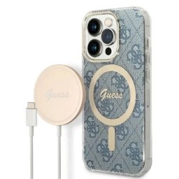 Husa Set Guess GUBPP14LH4EACSB Case+ Charger iPhone 14 Pro 6.1" blue/blue hard case 4G Print MagSafe