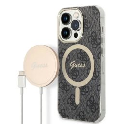 Husa Set Guess GUBPP14LH4EACSK Case+ Charger iPhone 14 Pro 6.1" black/black hard case 4G Print MagSafe