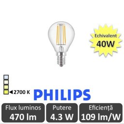 Bec LED Philips - Classic Filament LED 4.3-40W P45 E14 827 alb-cald