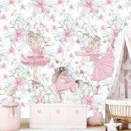 Fototapet Balerine cu Unicorn si Flori de Orhidee CG36 (Alege materialul: : Autocolant Perete Laminat Lucios)
