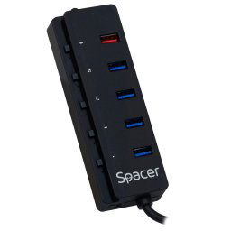 HUB extern SPACER, porturi USB: USB 3.0 x 4, Port USB Quick Charge x 1, conectare prin USB 3.0, Alimentare retea 220V,negru, "SPH-4USB30-1QC" (timbru verde 0.8 lei)