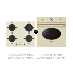 Pachet Smeg Coloniale Cuptor electric incorporabil 5+1 functii+plita pe gaz din sticla crem