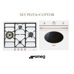 Set incorporabile SMEG Coloniale,Plita gaz,60 cm+Cuptor electric 5+1 functii , alb ivory cu auriu