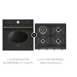 Pachet incorporabile Smeg Coloniale-Plita gaz,60 cm si Cuptor electric 5+1 functii, antracit