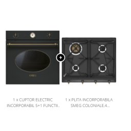 Set incorporabile Smeg Coloniale-Plita vitroceramica+Cuptor electric 5+1 functii,antracit alama