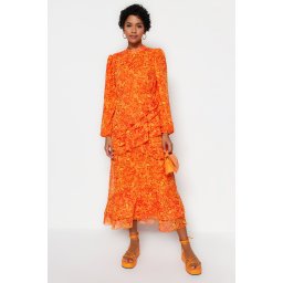 Rochie din sifon țesut căptușită cu frișcă Trendyol Frill cu o fustă florală portocalie