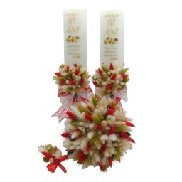 Set 2 lumanari Nunta de Aur + buchet mireasa + cocarda, cu flori uscate multicolore - FEIS312007