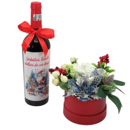 Cadou Craciun, aranjament floral si sticla vin - Sarbatori Fericite 4 - ILIF312015