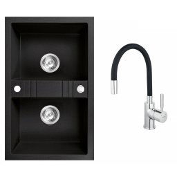 Set Chiuveta Ferro Mezzo II 2 Cuve 780x480 mm, grafit si Baterie Ferro Zumba - baterie stativa bucatarie cu pipa flexibila, negru