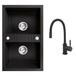 Set Chiuveta Ferro Mezzo II 2 Cuve 780x480 mm, grafit si Baterie Ferro Zumba Nero - baterie stativa bucatarie cu pipa flexibila