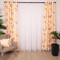 Set 3 piese Hiko, 2 draperii din bumbac cu inele plastic, Nostalgie Orange Leaf si o perdea Ana voal, cu rejansa pentru Bara