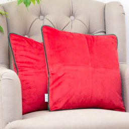 Set 2 perne decorative, cu fata detasabila, Hiko Comfy catifea rosie, cu vipusca verde