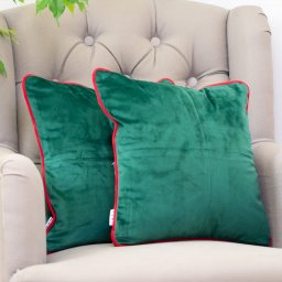Set 2 perne decorative, cu fata detasabila, Hiko Comfy catifea verde smarald, cu vipusca rosie