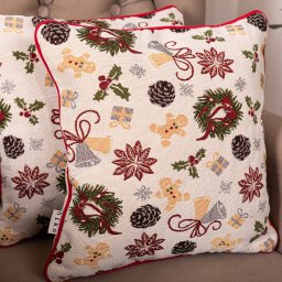 Set 2 perne decorative cu motive Caraciun, din tesatura plina cu fata detasabila, Hiko Christmas, cu vipusca din catifea rosie