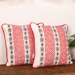 Set 2 perne rustice decorative, din bumbac, cu fata detasabila, Hiko Traditional, cu vipusca din catifea