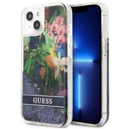 Husa Husa de protectie Guess Liquid Glitter Flower Case pentru iPhone 13 mini, Albastru