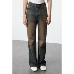 Trendyol Dark Blue Pale Effect Vintage High Waist Wide Leg Jeans