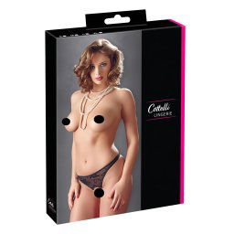 Cottelli - Tanga negru deschis cu perle și dantelă - M