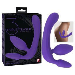 Triplu dildo fără ham (mov), cu prindere ajustabilă