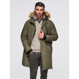 Ombre Alaskan men's winter jacket with detachable fur from the hood - dark olive green