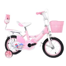 Bicicleta 14 inch cu doua locuri, NBW, roti ajutatoare, frane si cos de jucarii, 3-6 ani, Roz