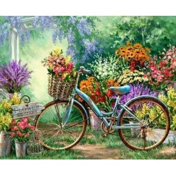 Set goblen cu diamante, fara sasiu, Bicicleta si flori, 40x50 cm