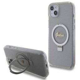 Husa Guess Ring Stand Glitter MagSafe pentru iPhone 15 Plus Transparent