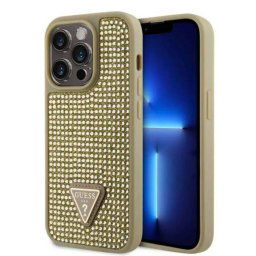 Husa Guess Rhinestones Triangle Metal Logo pentru iPhone 15 Pro Auriu