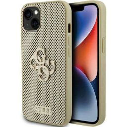 Husa Guess Perforated 4G Glitter Metal Logo pentru iPhone 15 Auriu